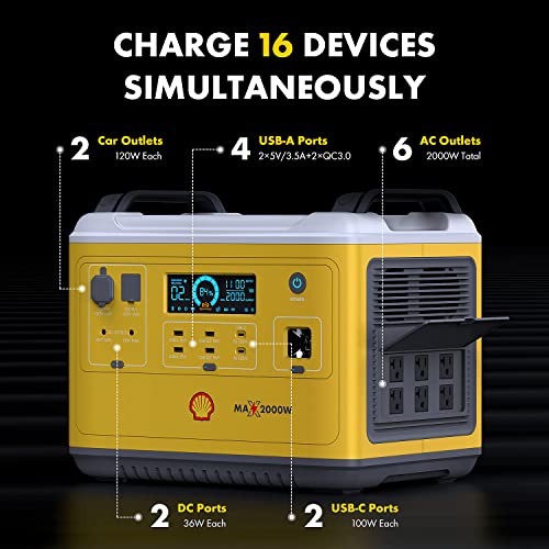 Shell 2000W Portable Power Station, 1997Wh LiFePO4 Battery, Solar Power Generator with 6 AC Outlets (Solar Panel Optional