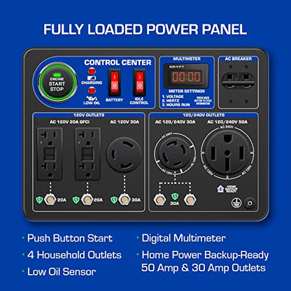 DuroMax XP13000X 13,000-Watt/10,500-Watt 500cc Electric Start Gas Powered Portable Generator w/ CO Alert, Black/Blue