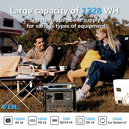 Portable Power Station 1228Wh/1500W, VDL HS1500 LiFePO4 Solar Generator Fully Charged 2 Hours