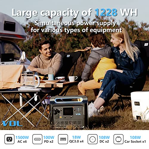 Portable Power Station 1228Wh/1500W, VDL HS1500 LiFePO4 Solar Generator Fully Charged 2 Hours