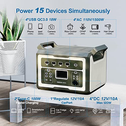 WETOWN Power Station 1500W Solar Generator 1280Wh UPS Battery LiFePO4 Power Station Portable Solar Powered Generators