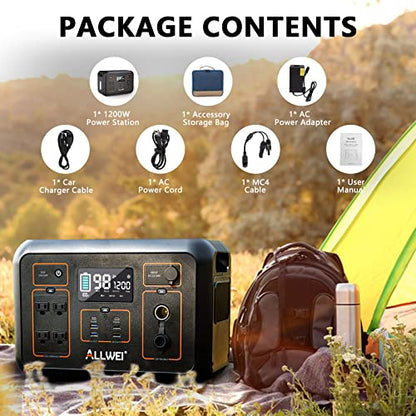 ALLWEI Portable Power Station 1200W(Peak 2400W), 1132Wh Solar Generator 306000mAh with 4 * 120V AC Outlets